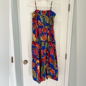 Farm Rio Size Medium Blue Beaks & Bananas Tiered Midi Dress